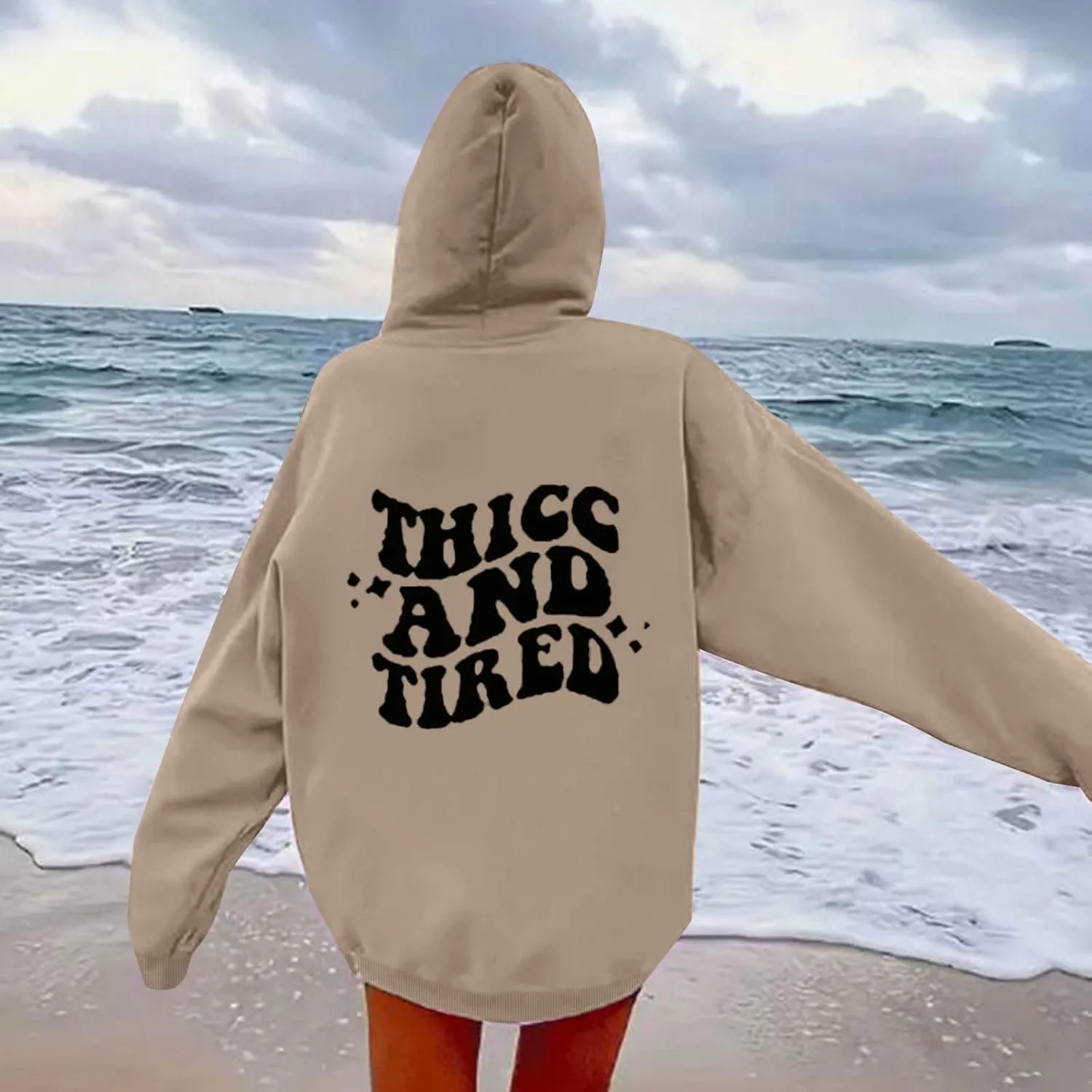 Hoodies Aesthetic Thicc and Tired Shape Printed Christian Pullover Hoodie with Pocket Drop Shoulder Loose Fit Fall Winter