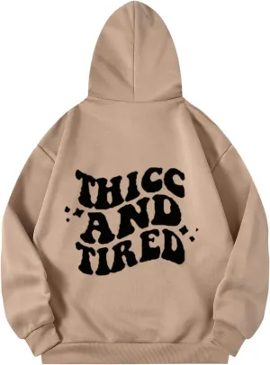 Hoodies Aesthetic Thicc and Tired Shape Printed Christian Pullover Hoodie with Pocket Drop Shoulder Loose Fit Fall Winter
