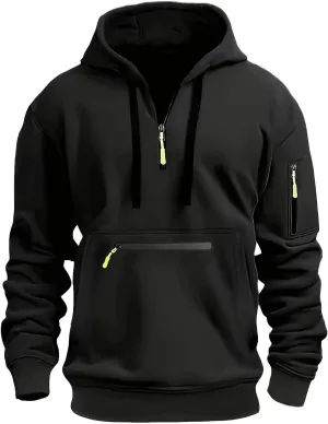 Hoodies for Men Long Sleeve Quarter Zip Cargo Hooded Sweatshirt Casual Tactical Hoodie Outdoor Multi Pockets Pullover