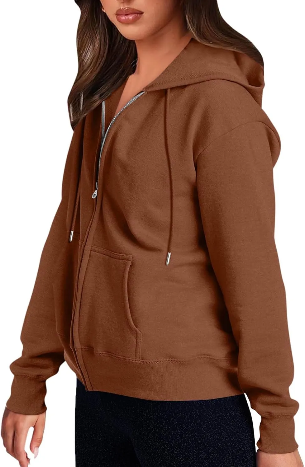 Hoodies for Women Casual Fashion Solid Full Zip Up Jacket Long Sleeved Zippered Hooded Sweatshirt Coats