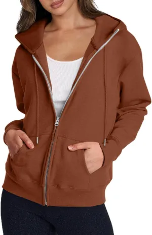Hoodies for Women Casual Fashion Solid Full Zip Up Jacket Long Sleeved Zippered Hooded Sweatshirt Coats