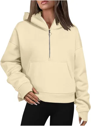 Hoodies for Women Cropped Half Zip Long Sleeve Pullover Tops Fashion Fall Fleece Zip Sweater Blouses With Pccket