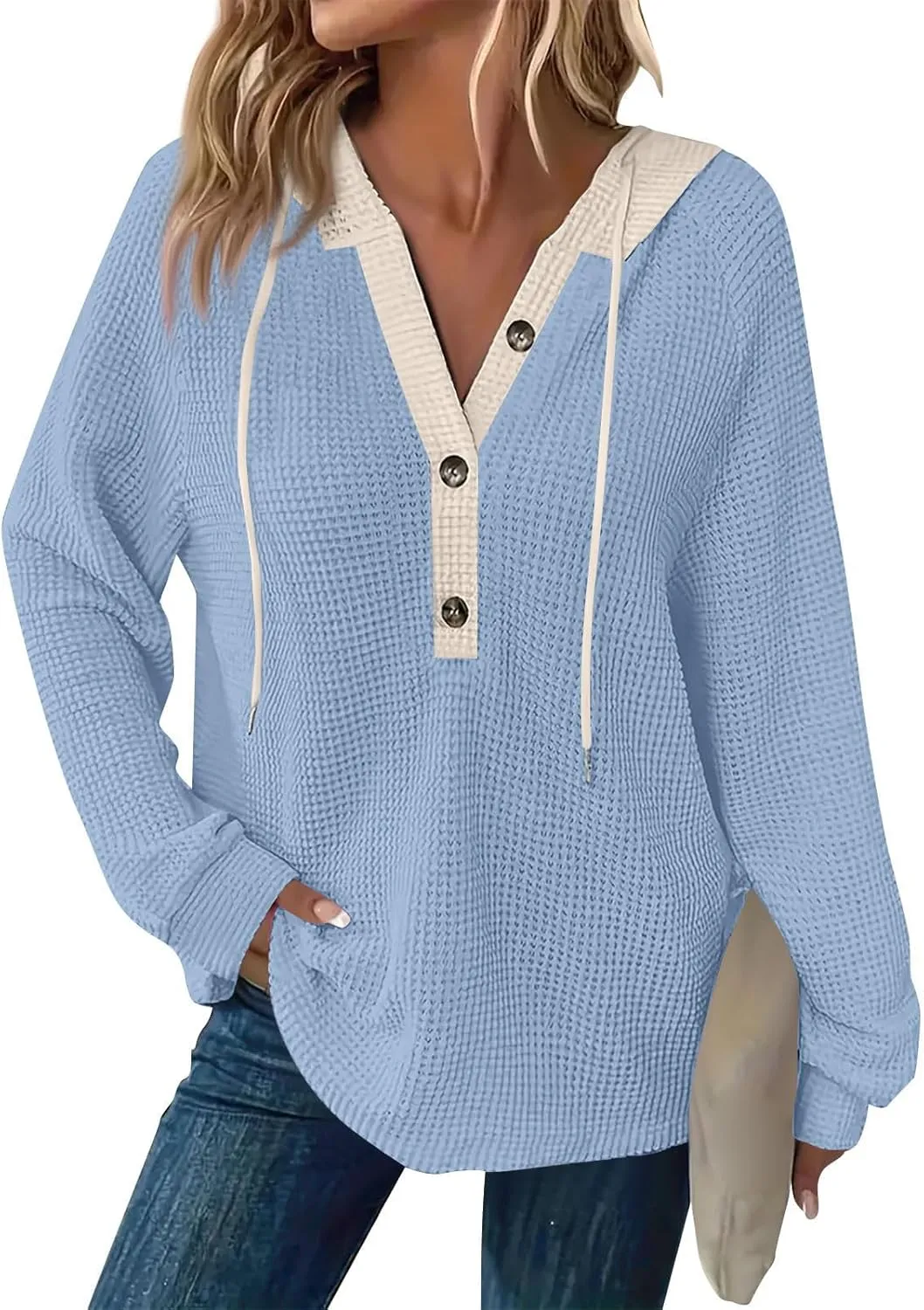 Hoodies for Women Waffle Knit Casual Drawstring Sweatshirt Button V Neck Long Sleeve Pullover Hooded Sweatshirt Tops