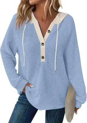 Hoodies for Women Waffle Knit Casual Drawstring Sweatshirt Button V Neck Long Sleeve Pullover Hooded Sweatshirt Tops