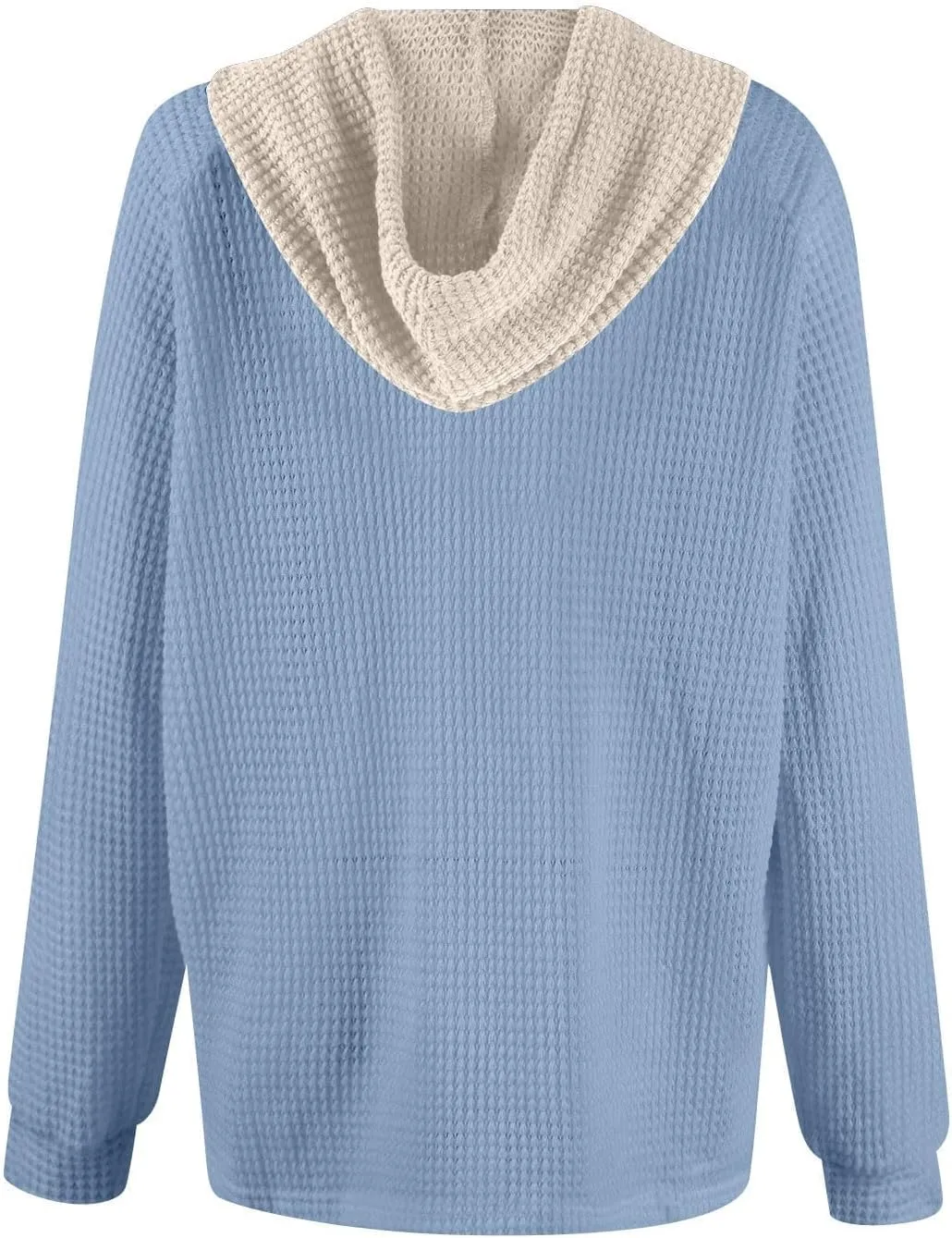 Hoodies for Women Waffle Knit Casual Drawstring Sweatshirt Button V Neck Long Sleeve Pullover Hooded Sweatshirt Tops