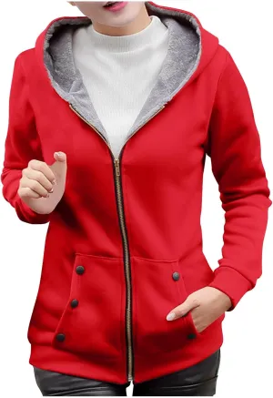 Hoodies for Women Winter Warm Fleece Sweatshirt Full Zip Up Thick Sherpa Lined Hooded Jackets Slim Fit Solid Jacket