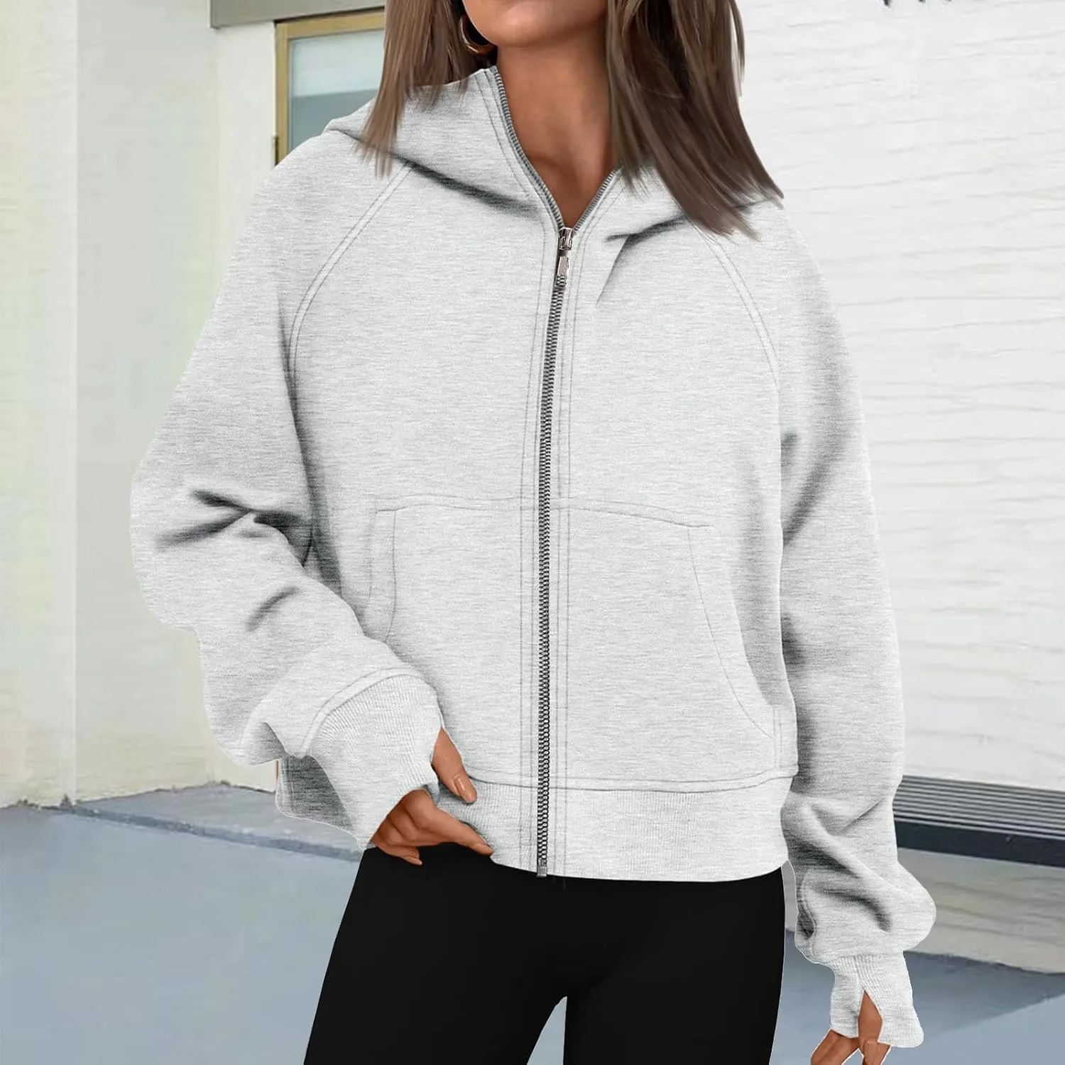 Hoodies for Women Zip Up Jacket Cropped Hoodie Fleece Oversized Sweatshirt Fall Outfits Y2K Winter Clothes Thumb Hole
