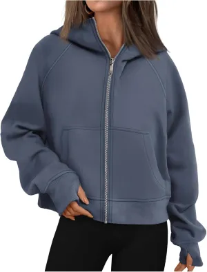 Hoodies for Women Zip Up Jacket Cropped Hoodie Fleece Oversized Sweatshirt Fall Outfits Y2K Winter Clothes Thumb Hole