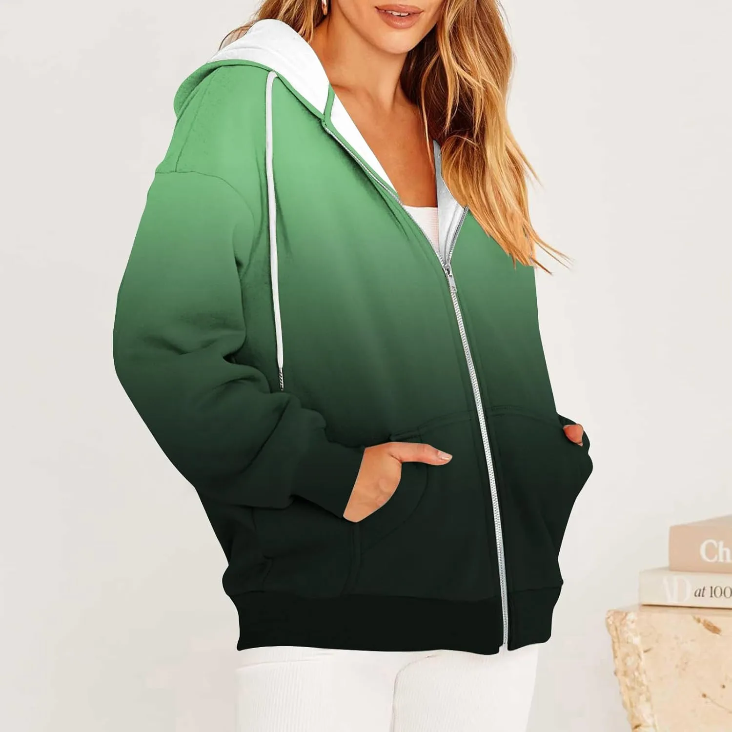 Hoodies for Women Zip Up Sweatshirt Long Sleeve Drawstring Casual Hooded Sweatshirt Tops 2023 Fall Jacket