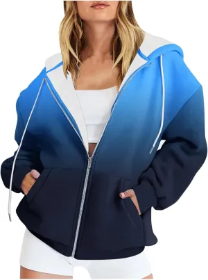 Hoodies for Women Zip Up Sweatshirt Long Sleeve Drawstring Casual Hooded Sweatshirt Tops 2023 Fall Jacket