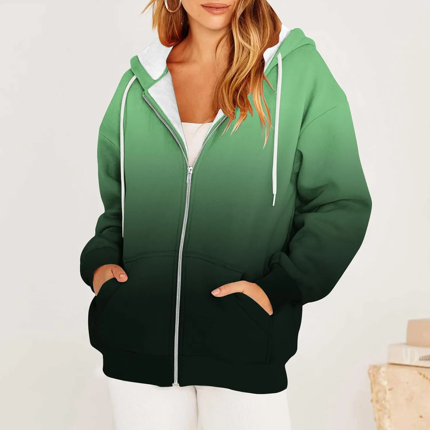 Hoodies for Women Zip Up Sweatshirt Long Sleeve Drawstring Casual Hooded Sweatshirt Tops 2023 Fall Jacket