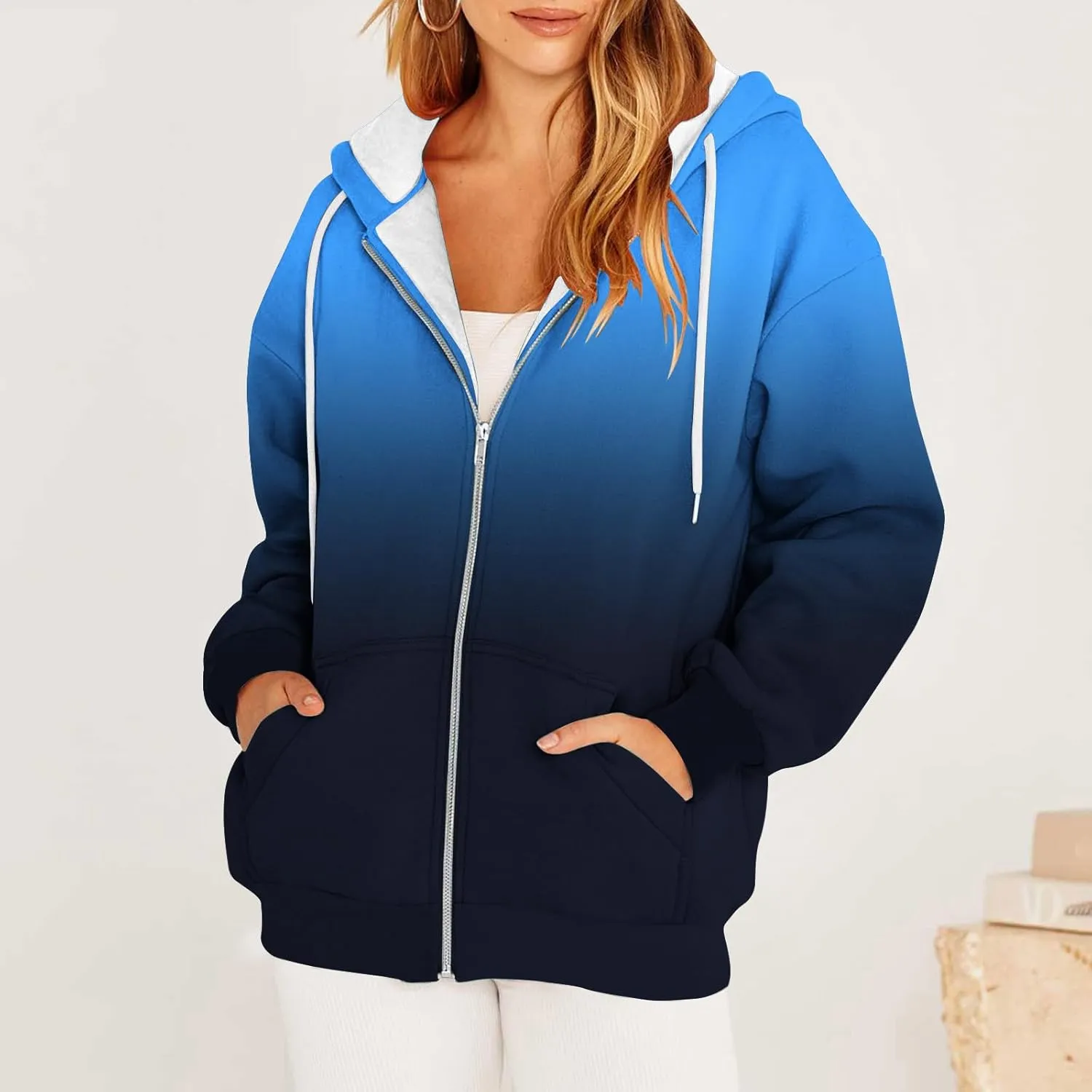 Hoodies for Women Zip Up Sweatshirt Long Sleeve Drawstring Casual Hooded Sweatshirt Tops 2023 Fall Jacket