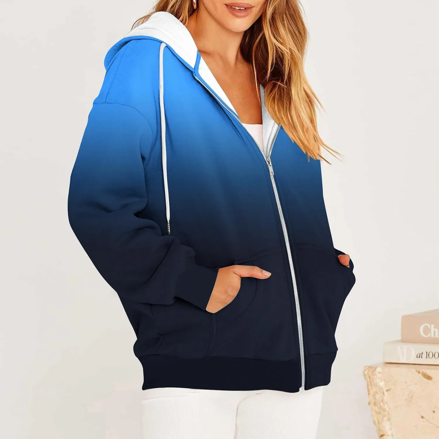Hoodies for Women Zip Up Sweatshirt Long Sleeve Drawstring Casual Hooded Sweatshirt Tops 2023 Fall Jacket