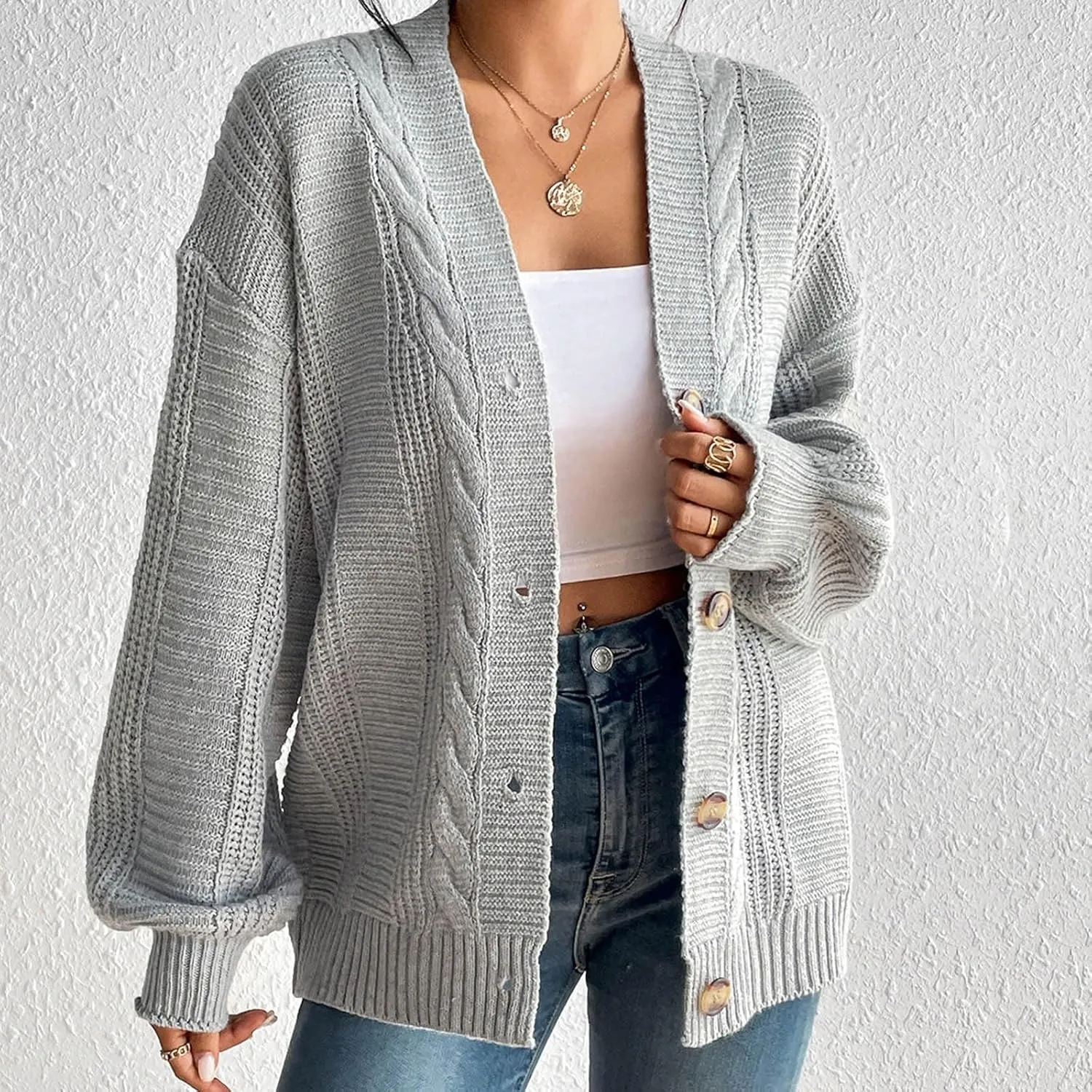 iLH Cardigan Sweaters for Women Chunky Cable Knit Sweater Open Front Crochet Outwear Coats Button down Fall Jackets