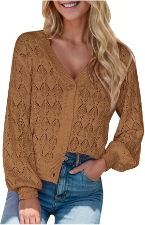 iLH Cardigans for Women 2024 Fall Lightweight Open Front Sweater V Neck Button Down Knit Outerwear Loose Crochet Jacket