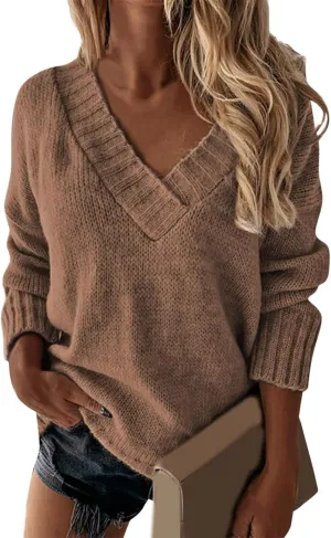 iLH Sweater for Women 2024 Fall Winter Oversized Sweater V Neck Long Sleeve Loose Shirt Solid Knit Pullover Sweater Tops