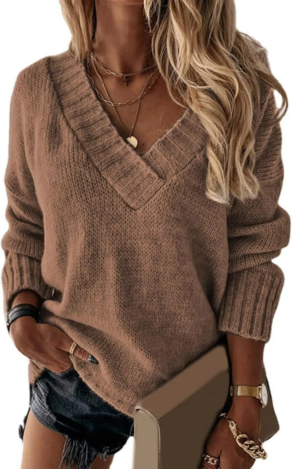 iLH Sweater for Women 2024 Fall Winter Oversized Sweater V Neck Long Sleeve Loose Shirt Solid Knit Pullover Sweater Tops