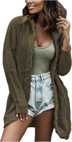JOAU Women's Long Sleeve Soft Chunky Cable Knit Sweater Open Front Hooded Cardigans Outwear Casual Fall Winter Pockets Coat