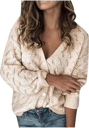 JOAU Womens Open Front Long Sleeve Chunky Knit Cardigan V Neck Button Down Sweaters Loose Fit Hollow Out Outwear Coat Top