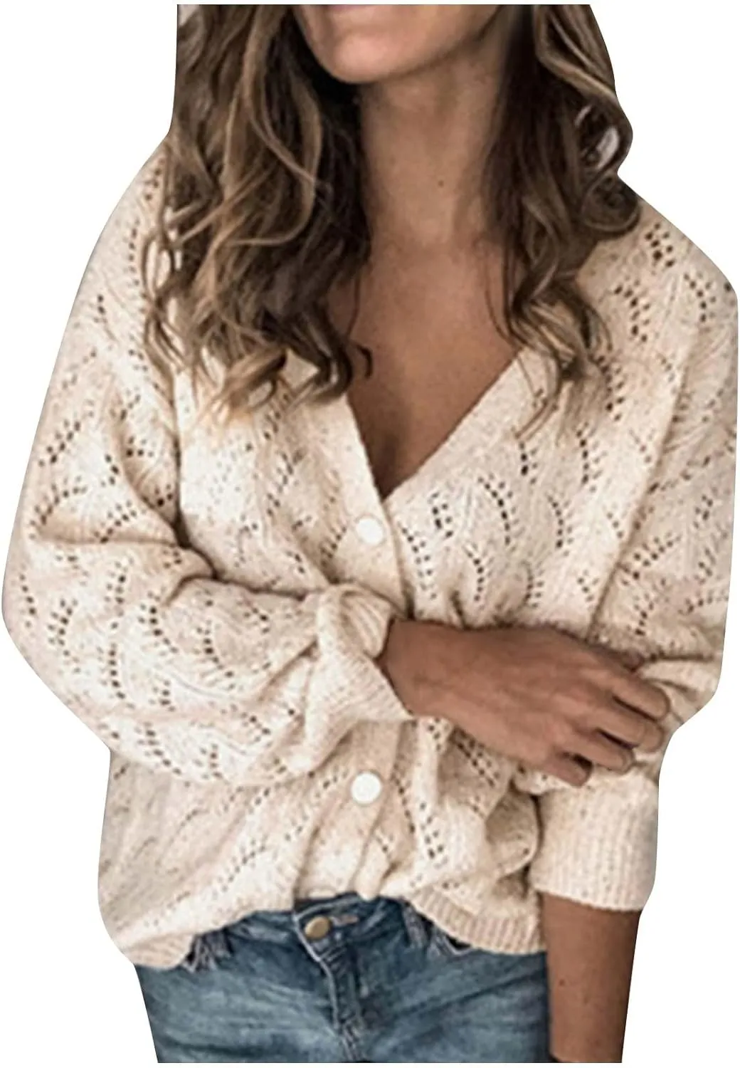 JOAU Womens Open Front Long Sleeve Chunky Knit Cardigan V Neck Button Down Sweaters Loose Fit Hollow Out Outwear Coat Top