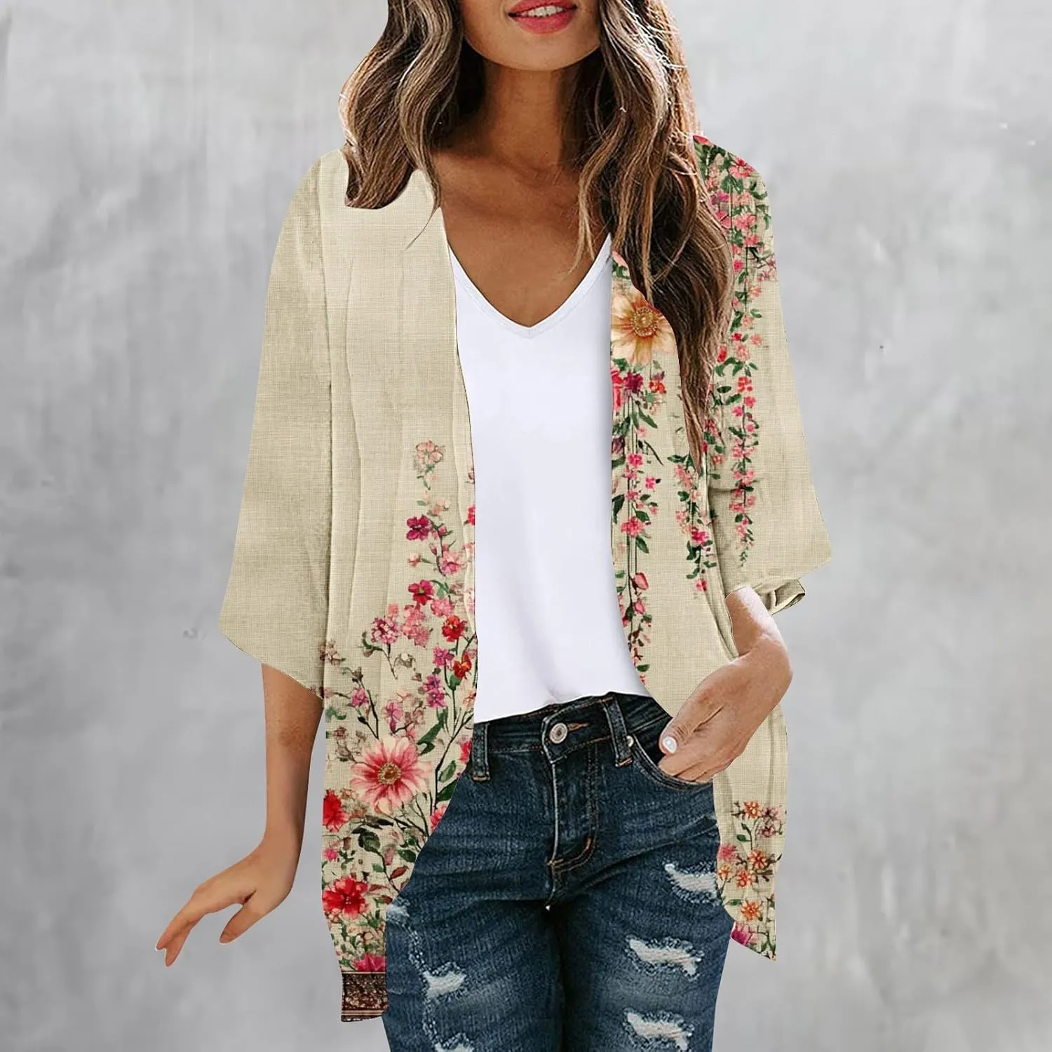 Kimono Cardigans for Women Lightweight Bathing Suit Cover Up 3/4 Sleeve Cardigan Summer Vacation Outfits