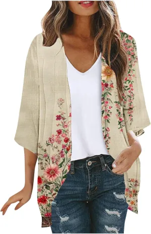 Kimono Cardigans for Women Lightweight Bathing Suit Cover Up 3/4 Sleeve Cardigan Summer Vacation Outfits