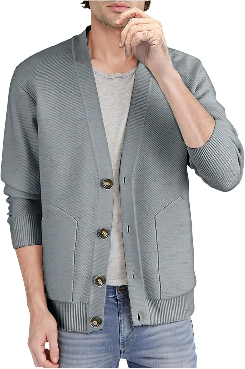 Knit Cardigan Sweaters for Men V Neck Sweaters Open Front Cardigan Button Down Sweater Fall Sweaters with Pockets