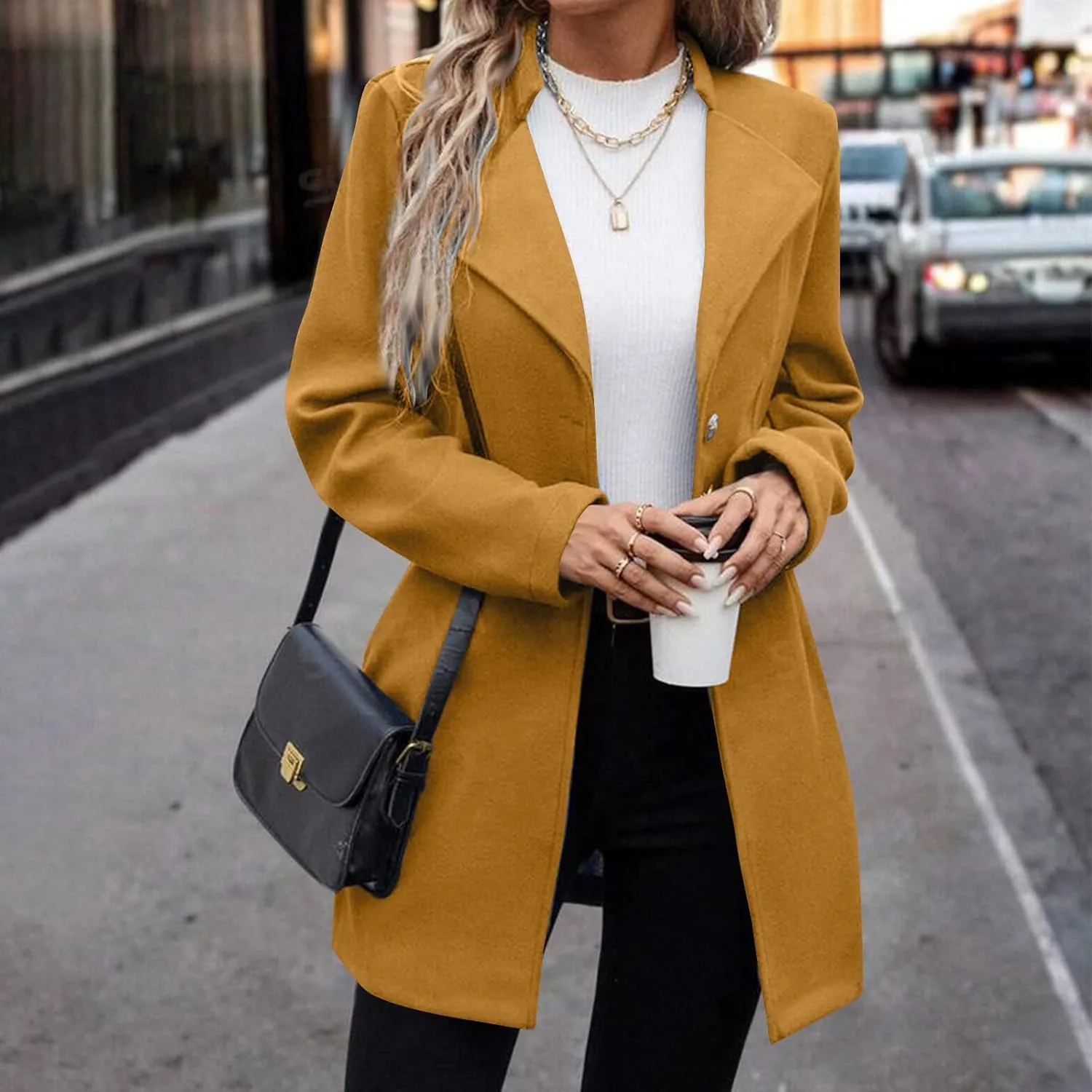 Lapel Trench Coat Women Long Winter Jacket Wool Blend Peacoat Thick Casual Jacket Button Down Jacket Top with Pockets