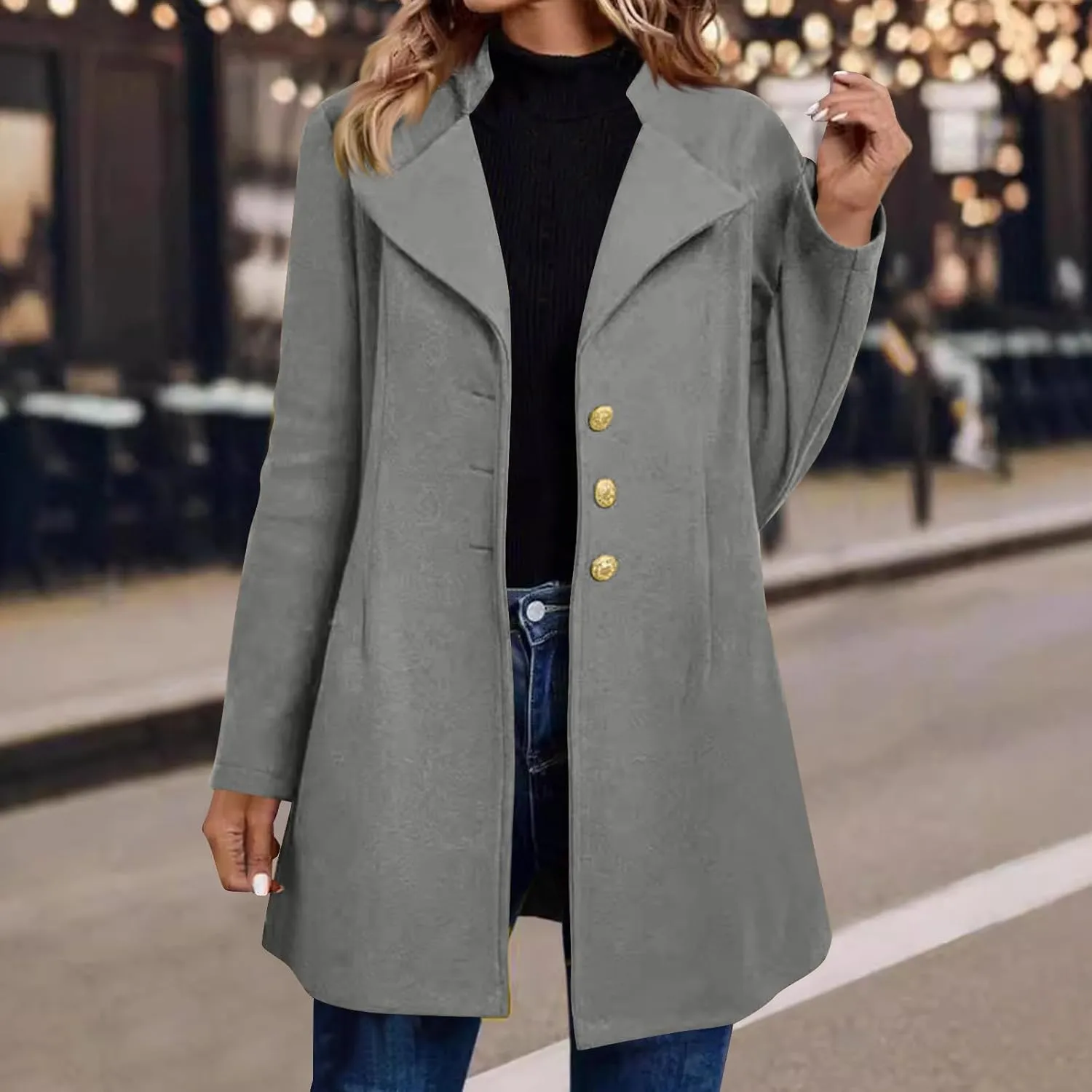 Lapel Trench Coat Women Long Winter Jacket Wool Blend Peacoat Thick Casual Jacket Button Down Jacket Top with Pockets