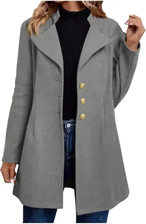 Lapel Trench Coat Women Long Winter Jacket Wool Blend Peacoat Thick Casual Jacket Button Down Jacket Top with Pockets