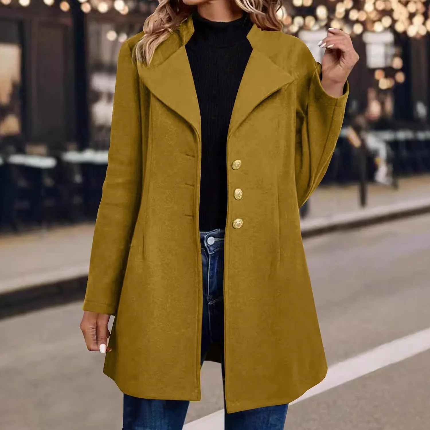 Lapel Trench Coat Women Long Winter Jacket Wool Blend Peacoat Thick Casual Jacket Button Down Jacket Top with Pockets