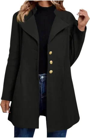Lapel Trench Coat Women Long Winter Jacket Wool Blend Peacoat Thick Casual Jacket Button Down Jacket Top with Pockets