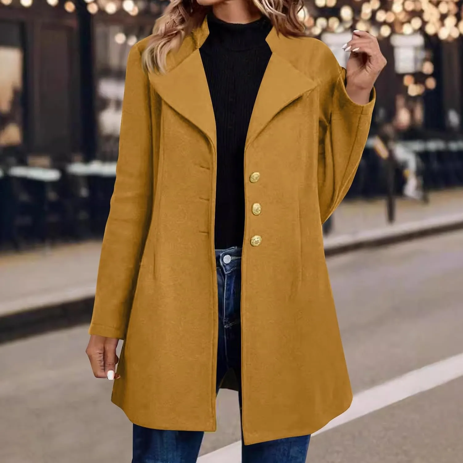 Lapel Trench Coat Women Long Winter Jacket Wool Blend Peacoat Thick Casual Jacket Button Down Jacket Top with Pockets