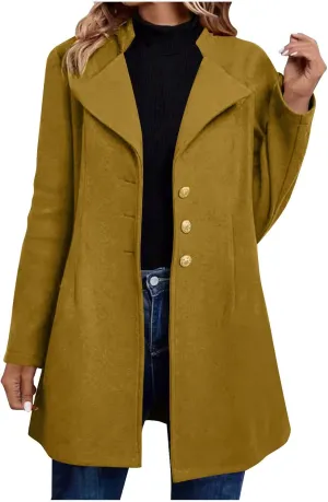 Lapel Trench Coat Women Long Winter Jacket Wool Blend Peacoat Thick Casual Jacket Button Down Jacket Top with Pockets