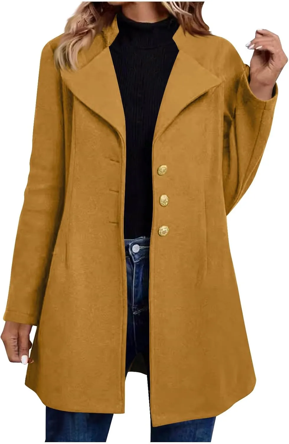 Lapel Trench Coat Women Long Winter Jacket Wool Blend Peacoat Thick Casual Jacket Button Down Jacket Top with Pockets