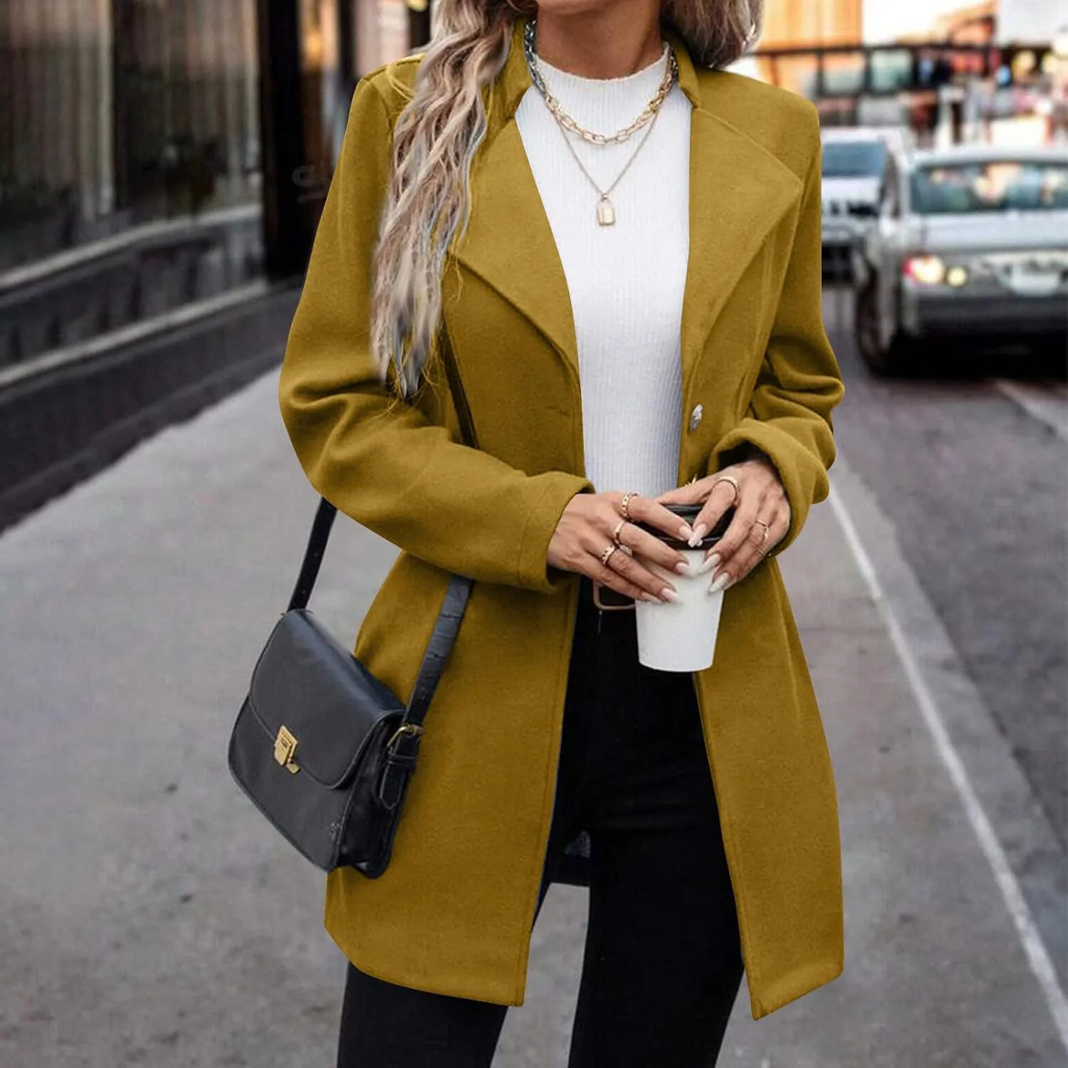 Lapel Trench Coat Women Long Winter Jacket Wool Blend Peacoat Thick Casual Jacket Button Down Jacket Top with Pockets
