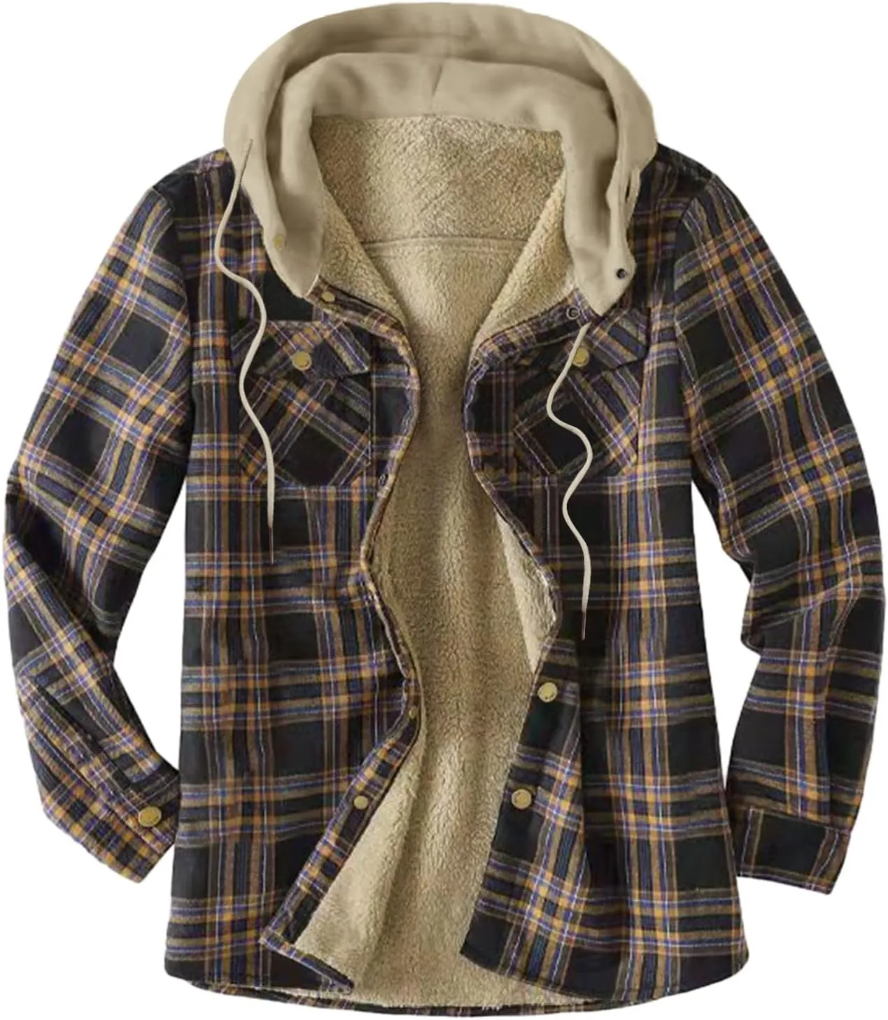 LCMTWX Men's Cotton Plaid Shirts Jacket Pocket Hooded Loose Coat Plus Velvet Shirt Top with Hood for Men Soft Warm Coat for
