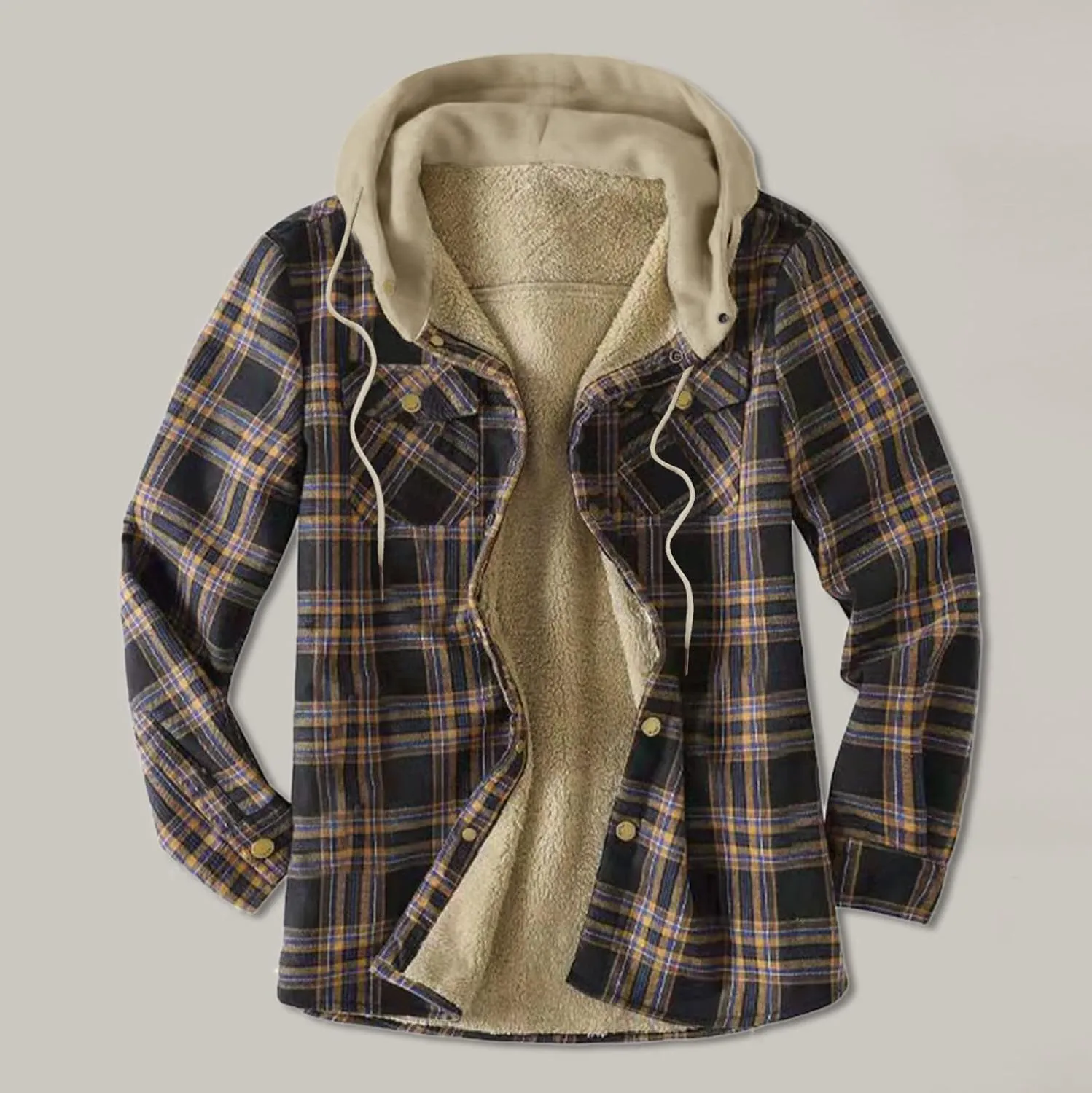 LCMTWX Men's Cotton Plaid Shirts Jacket Pocket Hooded Loose Coat Plus Velvet Shirt Top with Hood for Men Soft Warm Coat for