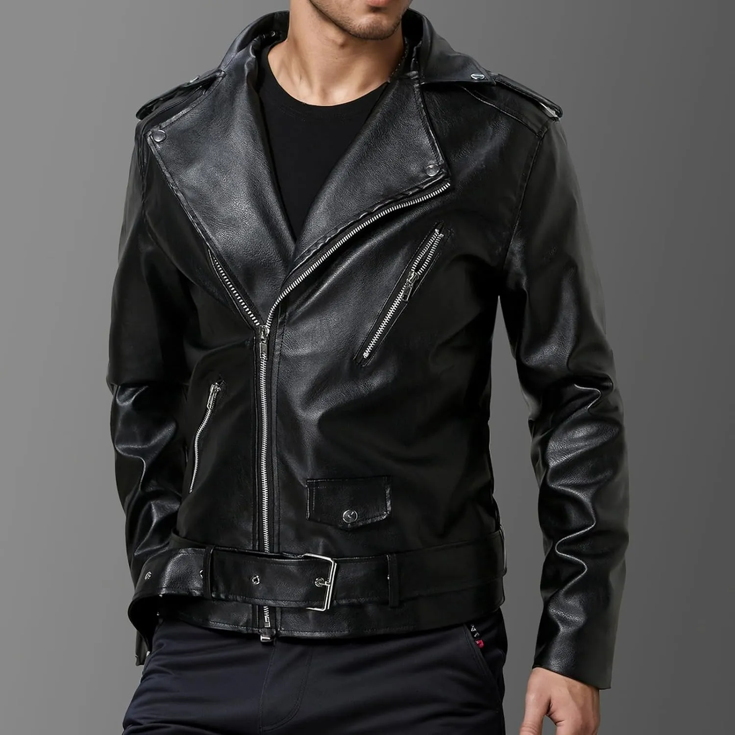 Leather Jackets for Men, Faux Bomber Jacket Mens Motorcycle Lapel Asymmetric Zip-Up Slim Fit Biker Coat with Pockets