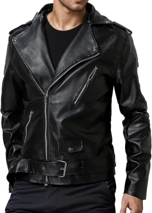 Leather Jackets for Men, Faux Bomber Jacket Mens Motorcycle Lapel Asymmetric Zip-Up Slim Fit Biker Coat with Pockets