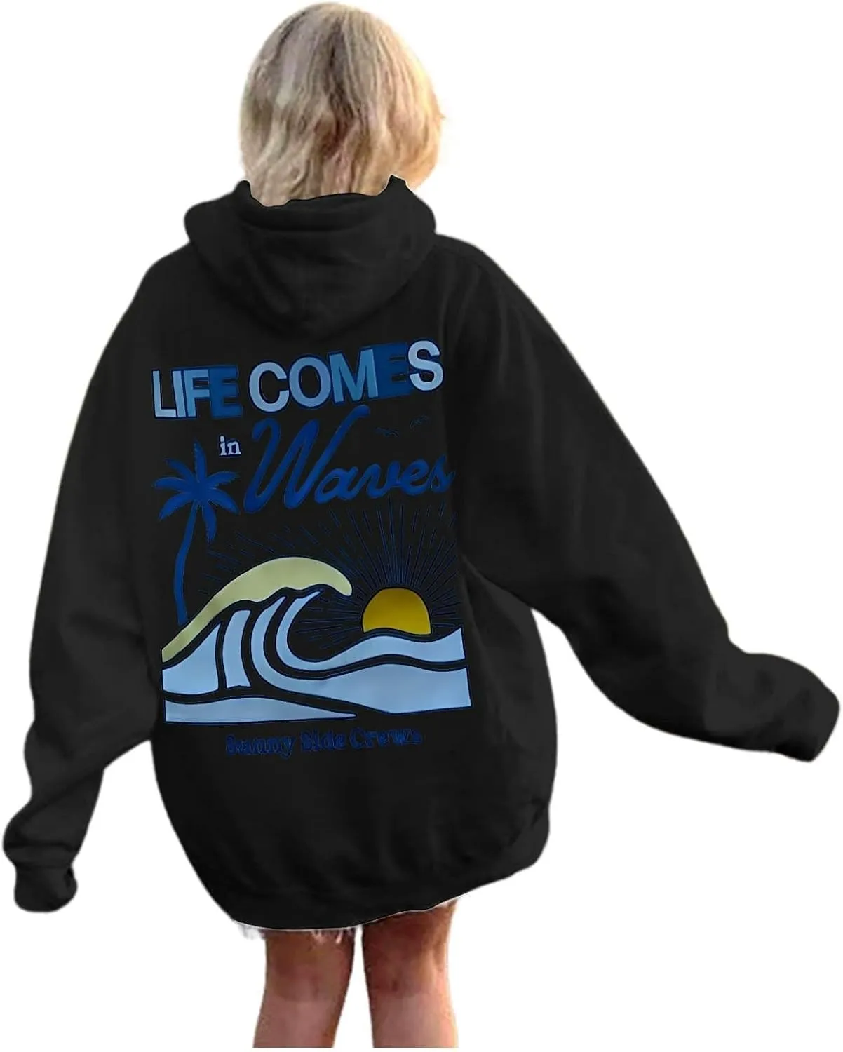 Life Comes in Waves Print Sweatshirts Womens Oversized Hoodies Casual Long Sleeve Blouse Tops Drawstring Pocket Outfits