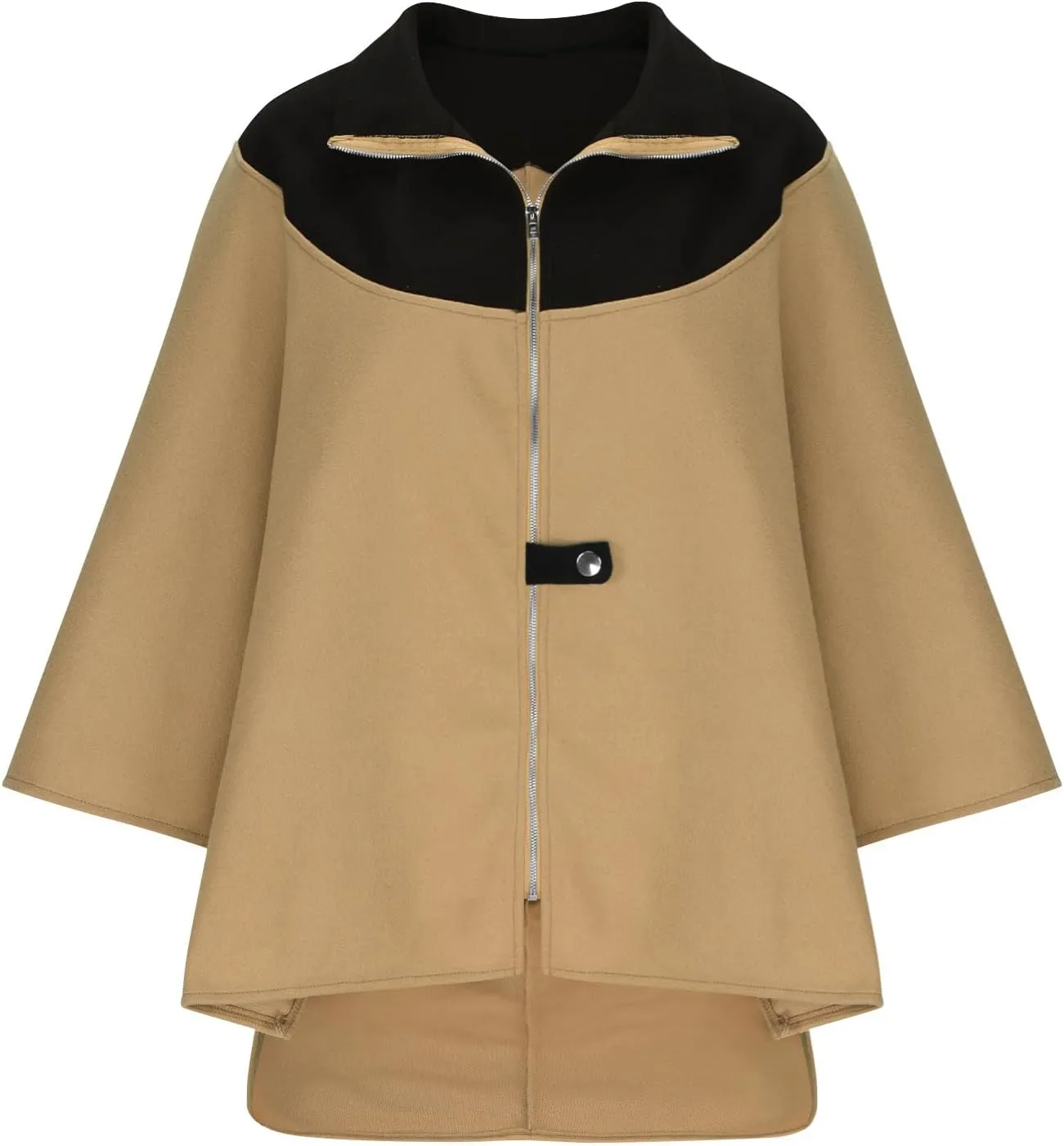 Lmdudan Plus Size Wool Blend Coats Women Zip Up Color Block Stand Collar Side Slit High Low Trench Coat Long Sleeve Outerwear