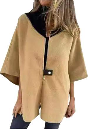 Lmdudan Plus Size Wool Blend Coats Women Zip Up Color Block Stand Collar Side Slit High Low Trench Coat Long Sleeve Outerwear