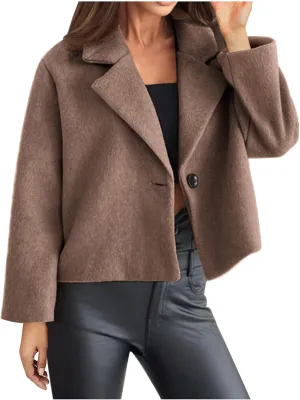 Lmdudan Women Wool Blend Cropped Pea Coats Single Breasted Notched Lapel Long Sleeve Jacket Casual Button Down Trench Coat