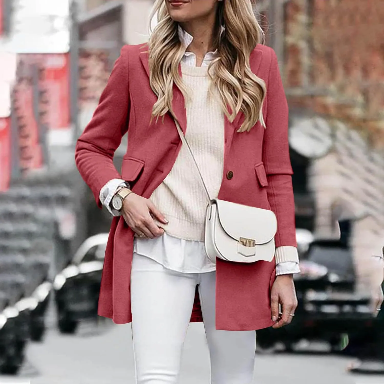 Lmdudan Women Wool Blend Open Front Jacket Elegant Lapel Collar Cardigan Coat Fashion Solid Color Cozy Winter Outerwear Tops