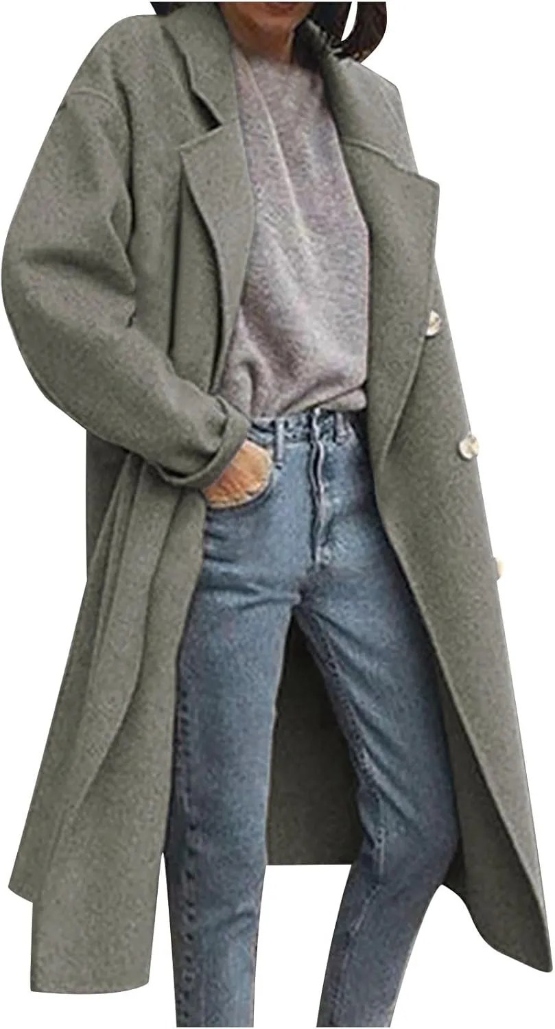 Lmdudan Women's Classic Notched Collar Open Front Cardigan Wool Blend Warm Long Trench Coat Lightweight Fall Outdoor Coats