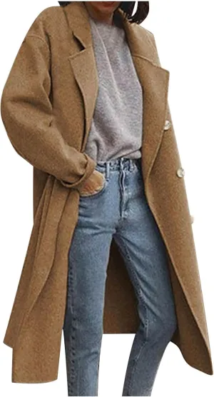 Lmdudan Women's Classic Notched Collar Open Front Cardigan Wool Blend Warm Long Trench Coat Lightweight Fall Outdoor Coats