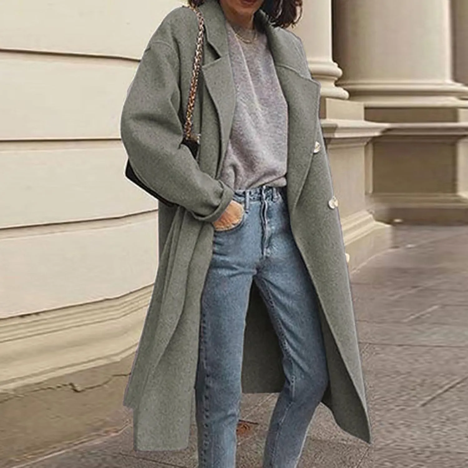 Lmdudan Women's Classic Notched Collar Open Front Cardigan Wool Blend Warm Long Trench Coat Lightweight Fall Outdoor Coats