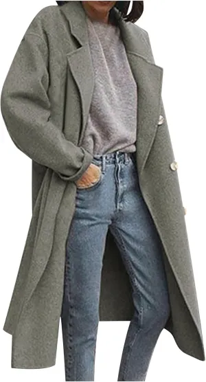 Lmdudan Women's Classic Notched Collar Open Front Cardigan Wool Blend Warm Long Trench Coat Lightweight Fall Outdoor Coats