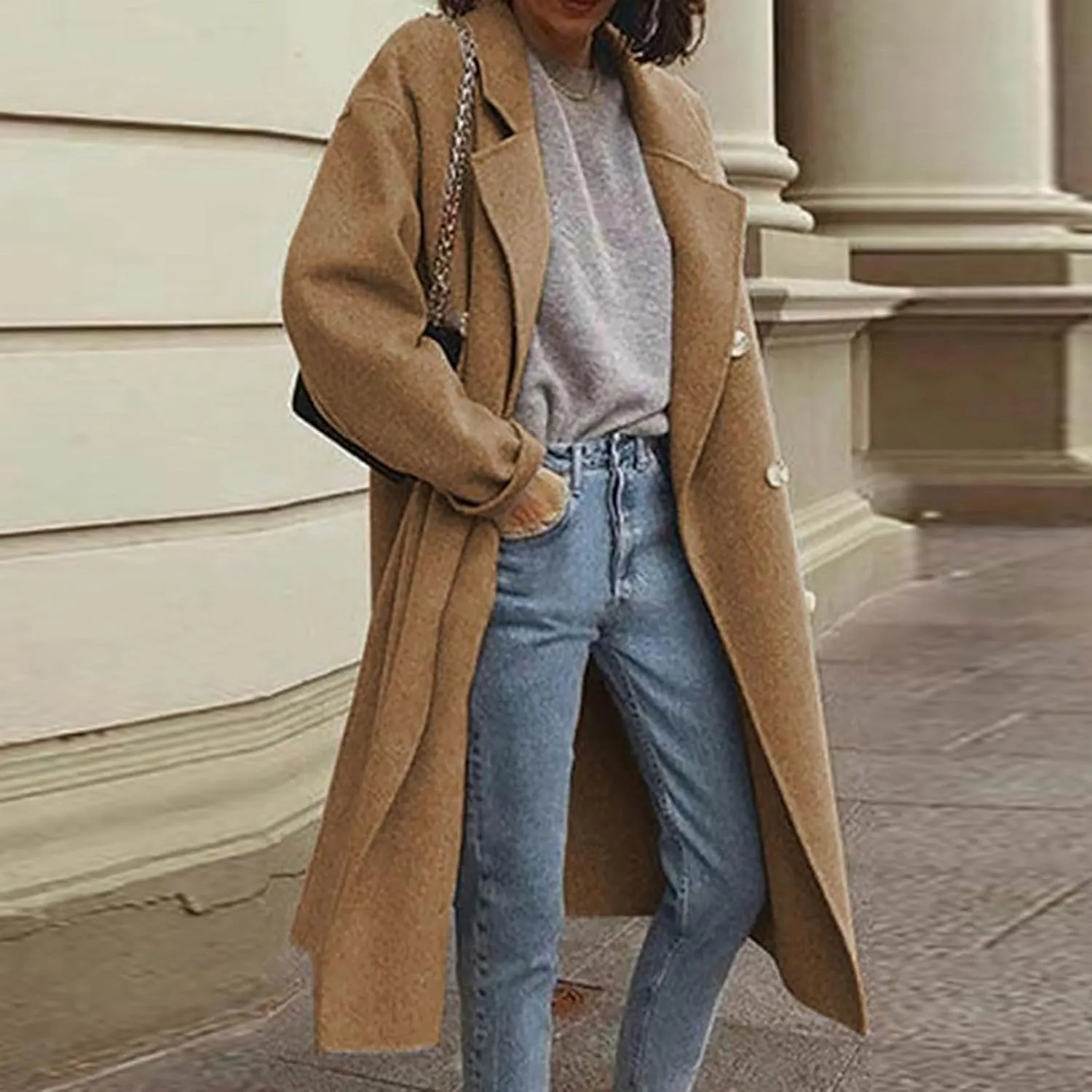 Lmdudan Women's Classic Notched Collar Open Front Cardigan Wool Blend Warm Long Trench Coat Lightweight Fall Outdoor Coats